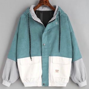 Hooded color block corduroy jacket